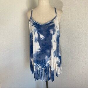 Shein Blue White Fringe Tie Dye Abstract Pattern Hippie Boho Top Size 1XL